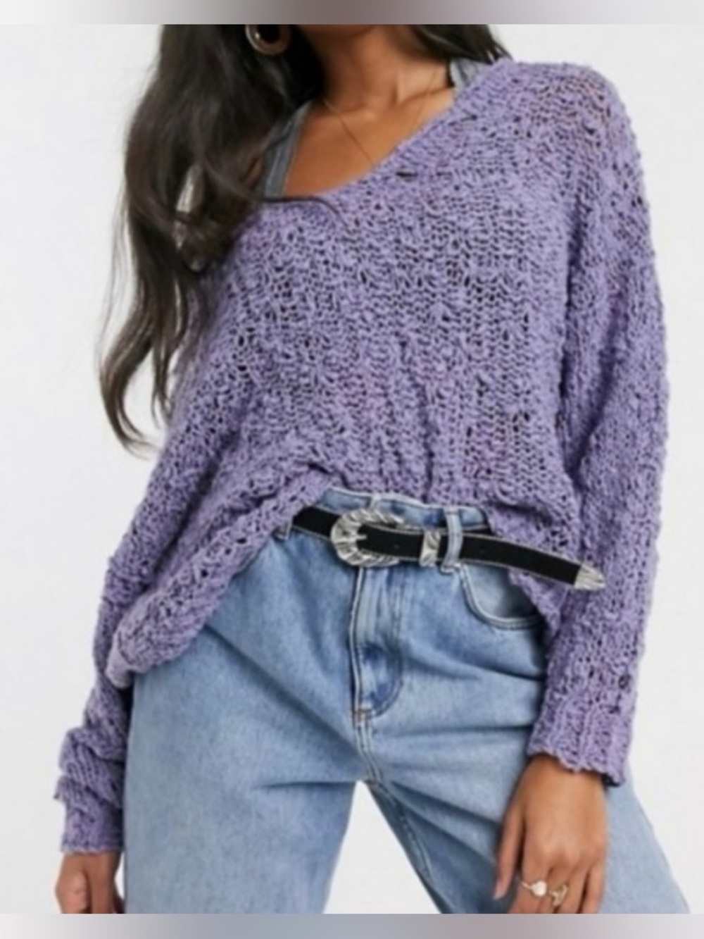 Free People Sunday Shore Open Chunky Knit Pullover Sweater in Lavender / Twiligh